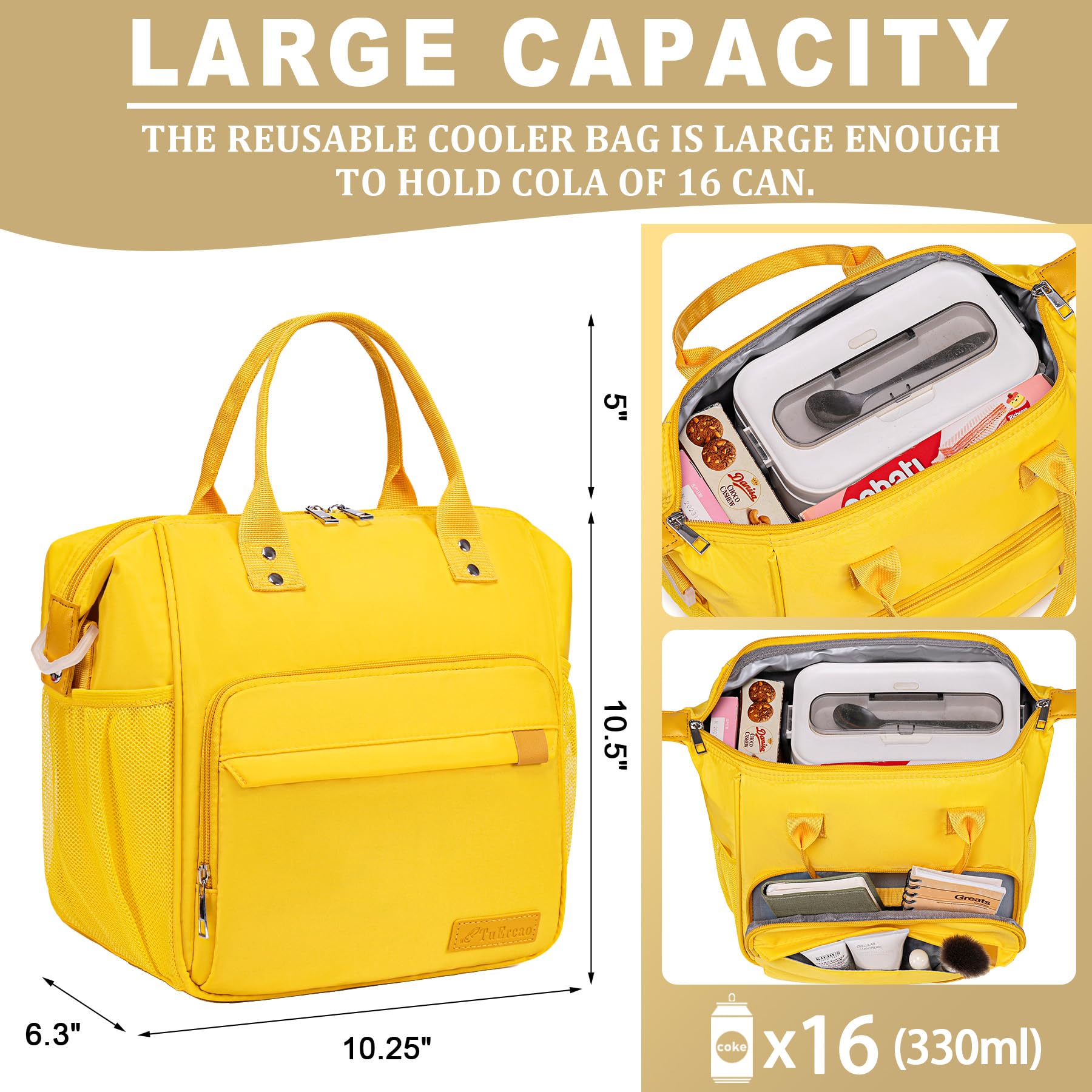 TuErCao yellow lunch box front pocket storing headphones or cables neatly