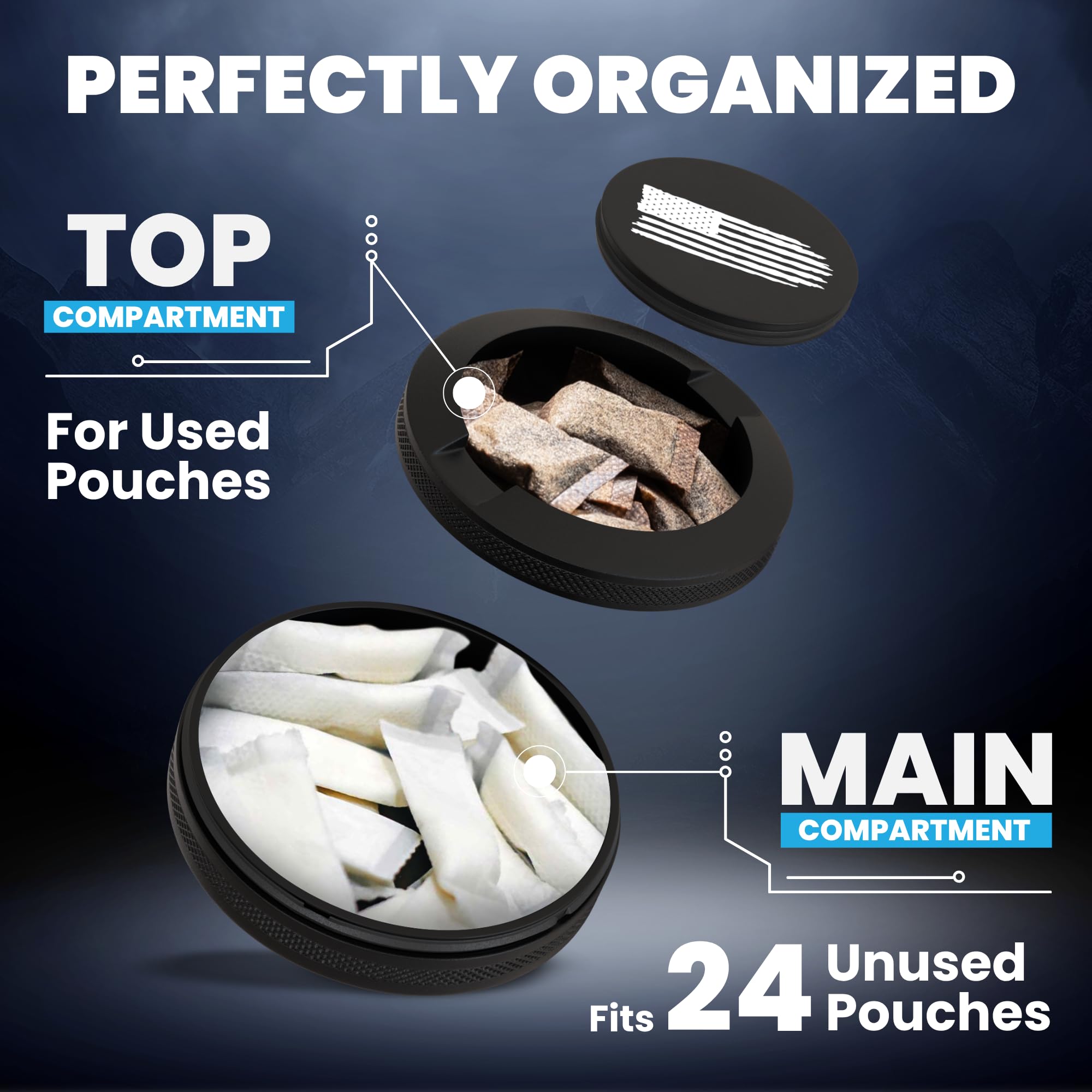 TuffTynz Metal Zyn container seals to prevent spills and dust.