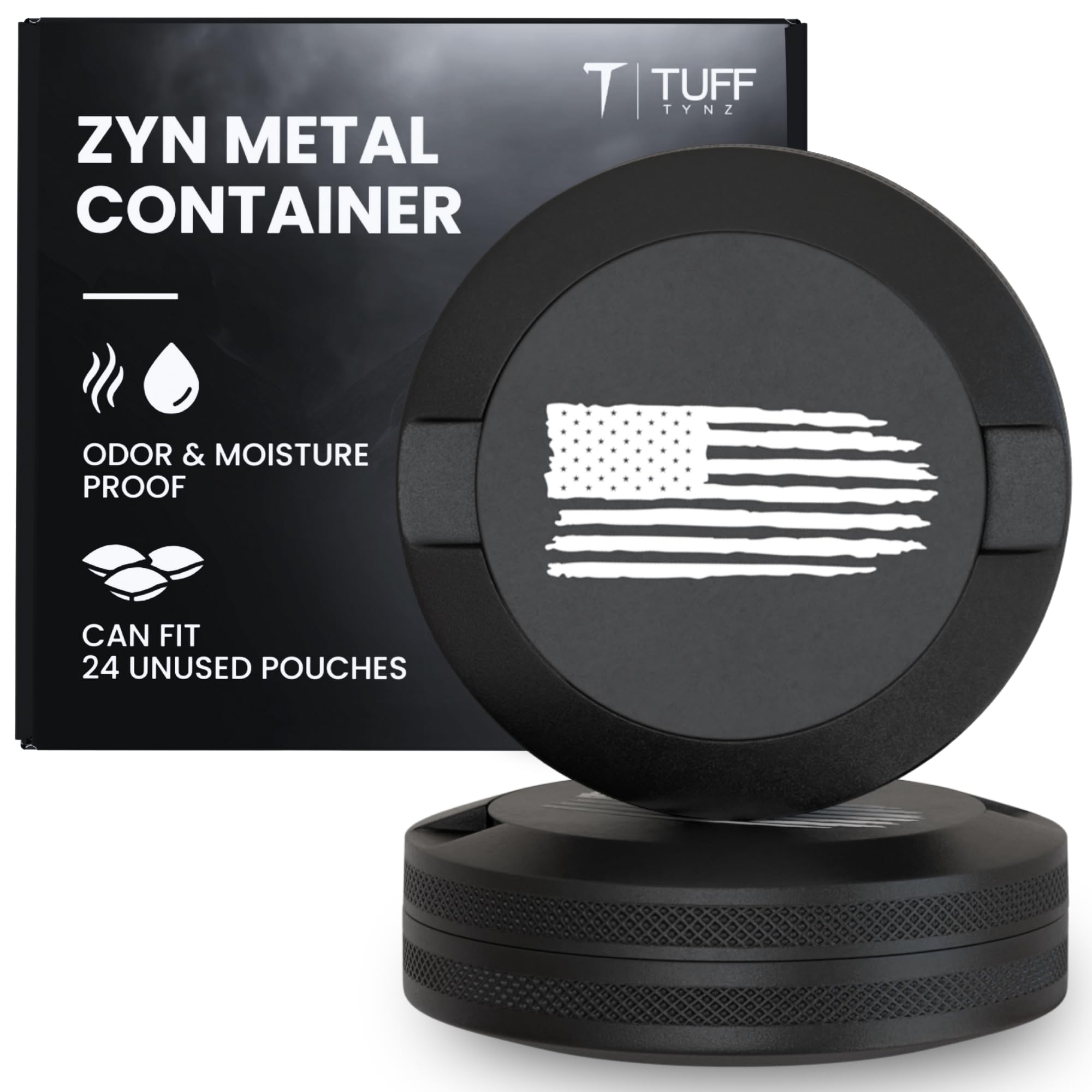 TuffTynz Premium Zyn Metal Can with knurled edge in black for secure portability.