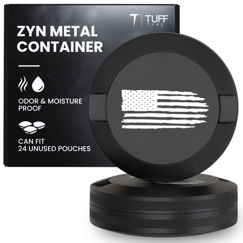 TuffTynz Premium Zyn Metal Can with knurled edge in black for secure portability.