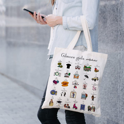 Tuilia Gilmore Girls tote in use for shopping and gifting.