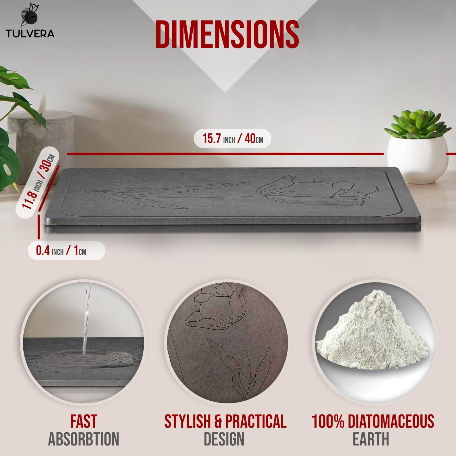 Tulvera Stone Drying Mat non-slip base for stable countertop use