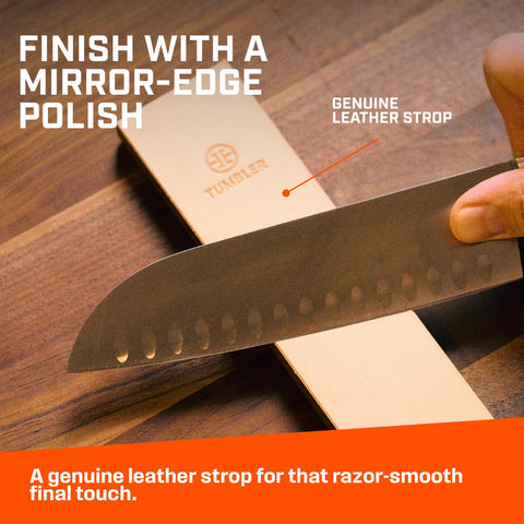 The leather strop refines the edge after sharpening for a smoother cut.