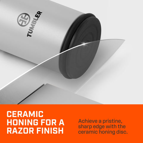 TUMBLER Pro magnetic knife holder keeps tools organized during sharpening.