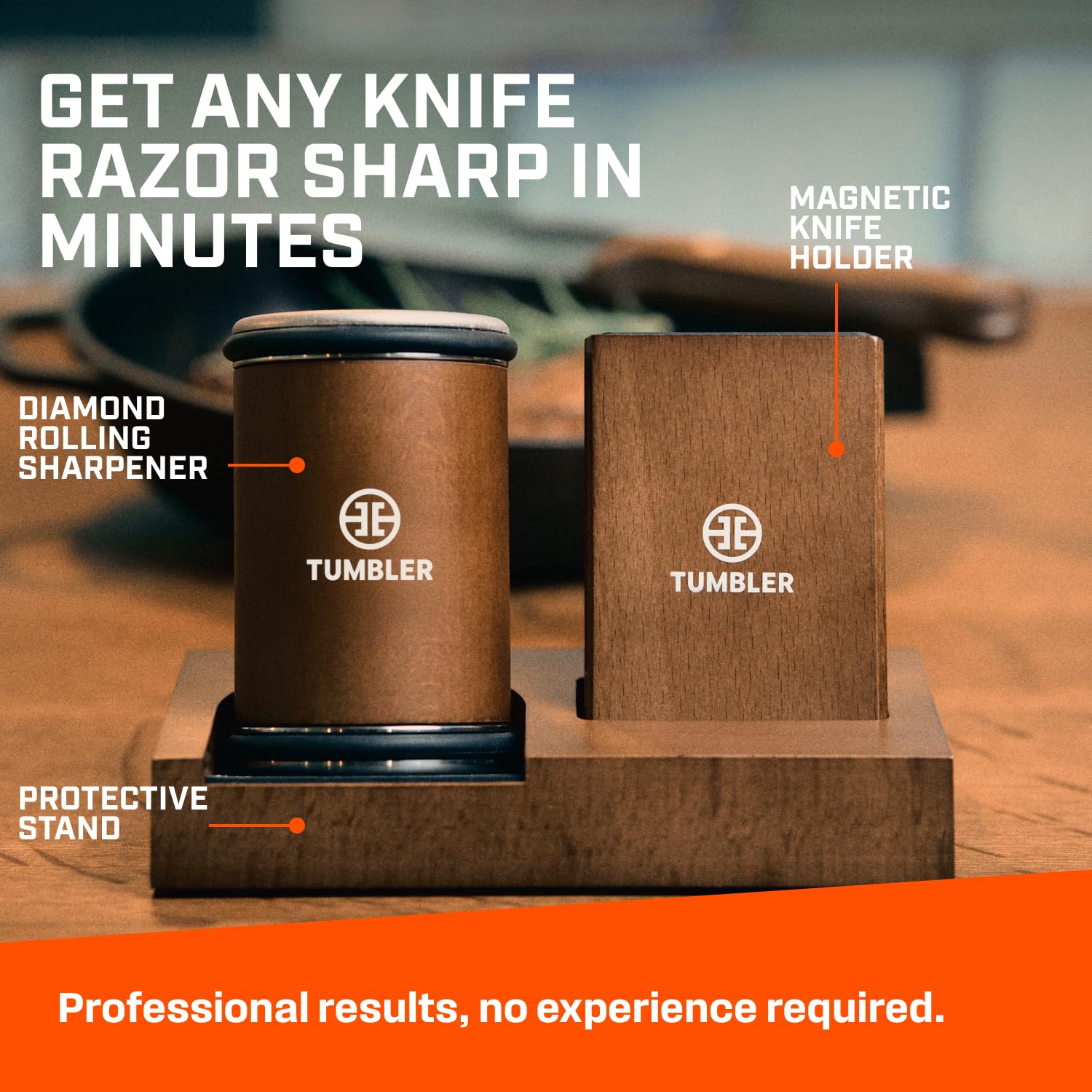 The protective stand stabilizes the sharpener on any kitchen counter.