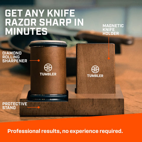 The protective stand stabilizes the sharpener on any kitchen counter.