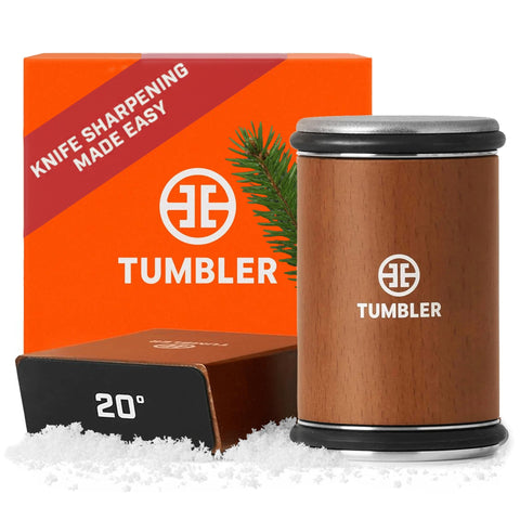 TUMBLER rolling knife sharpener base in action with even sharpening.