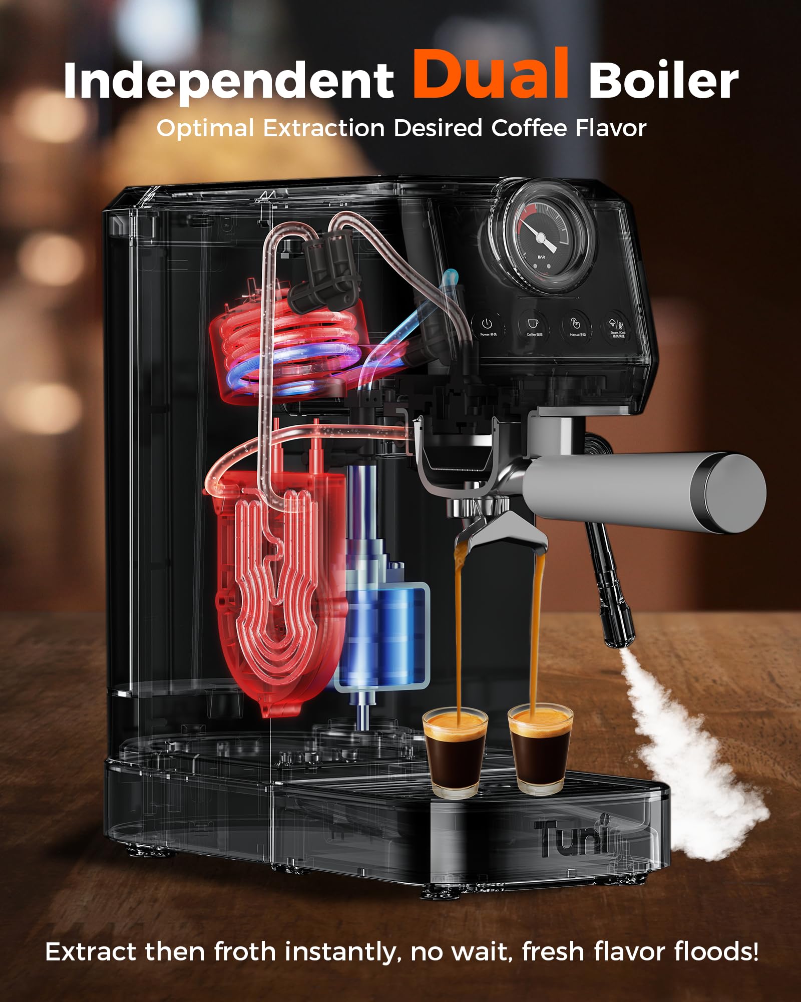 Tuni E2 58mm portafilter highlighting professional-grade brewing component