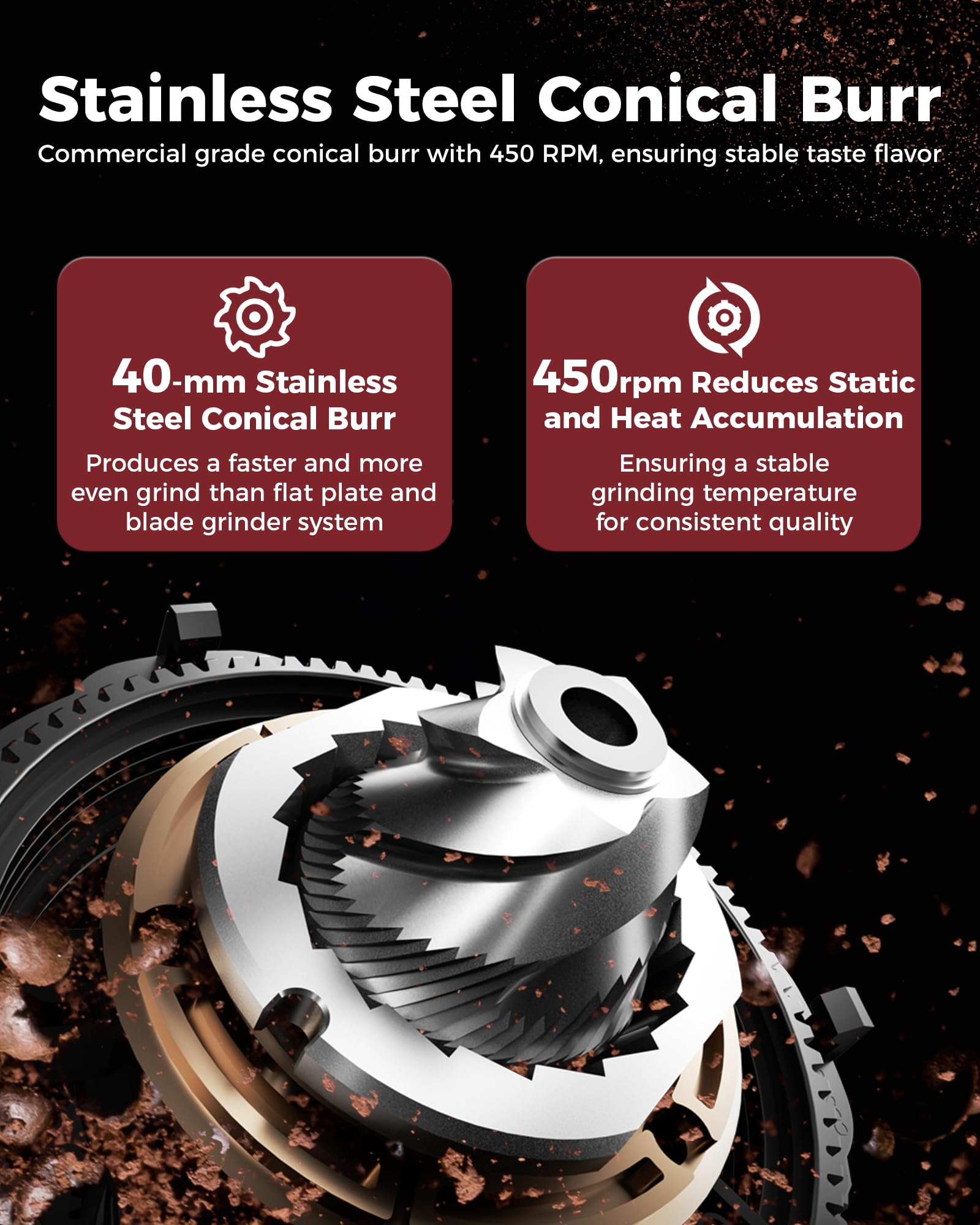 Tuni G1 250g hopper keeps beans ready for back-to-back brews.