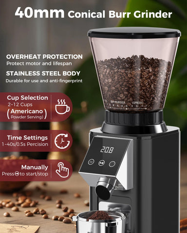 Tuni G1 anti-static 40mm conical burr system minimizes clumping.