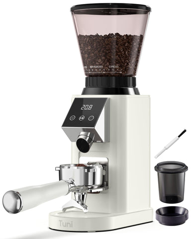 Tuni G1 conical burr anti-static system ensures even grounds for espresso and drip.
