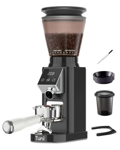 Tuni G1 conical burr grinder for precise espresso grind texture.