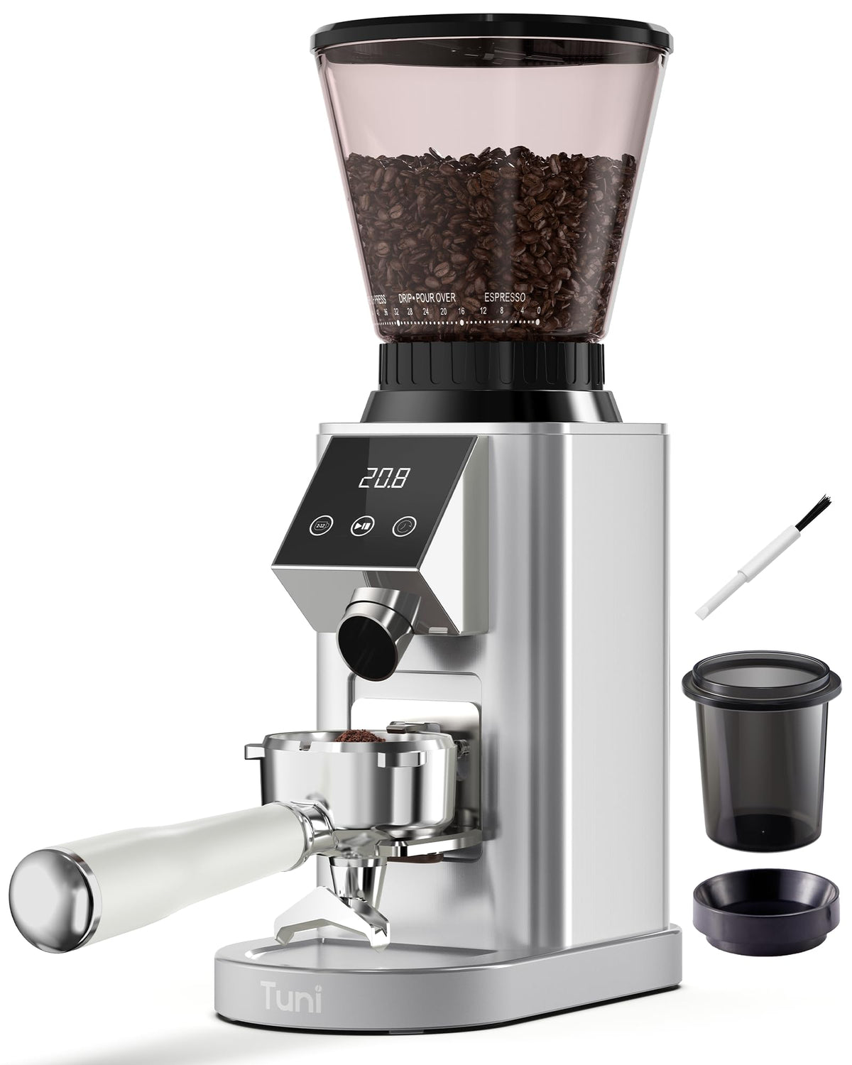 Tuni G1 conical burr precision for consistent espresso and drip grinds.