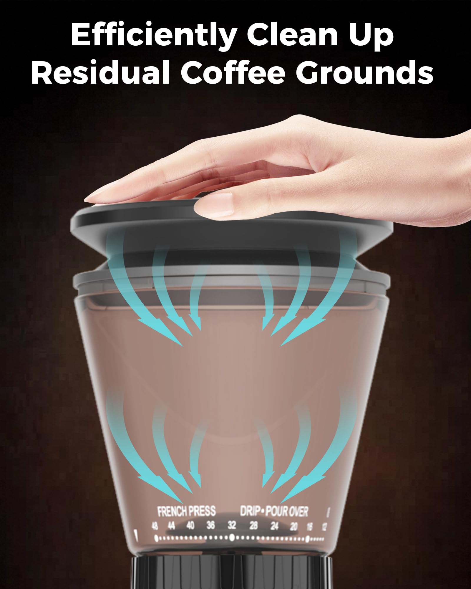 Tuni G1 dosing cup option helps consistent grounds collection.