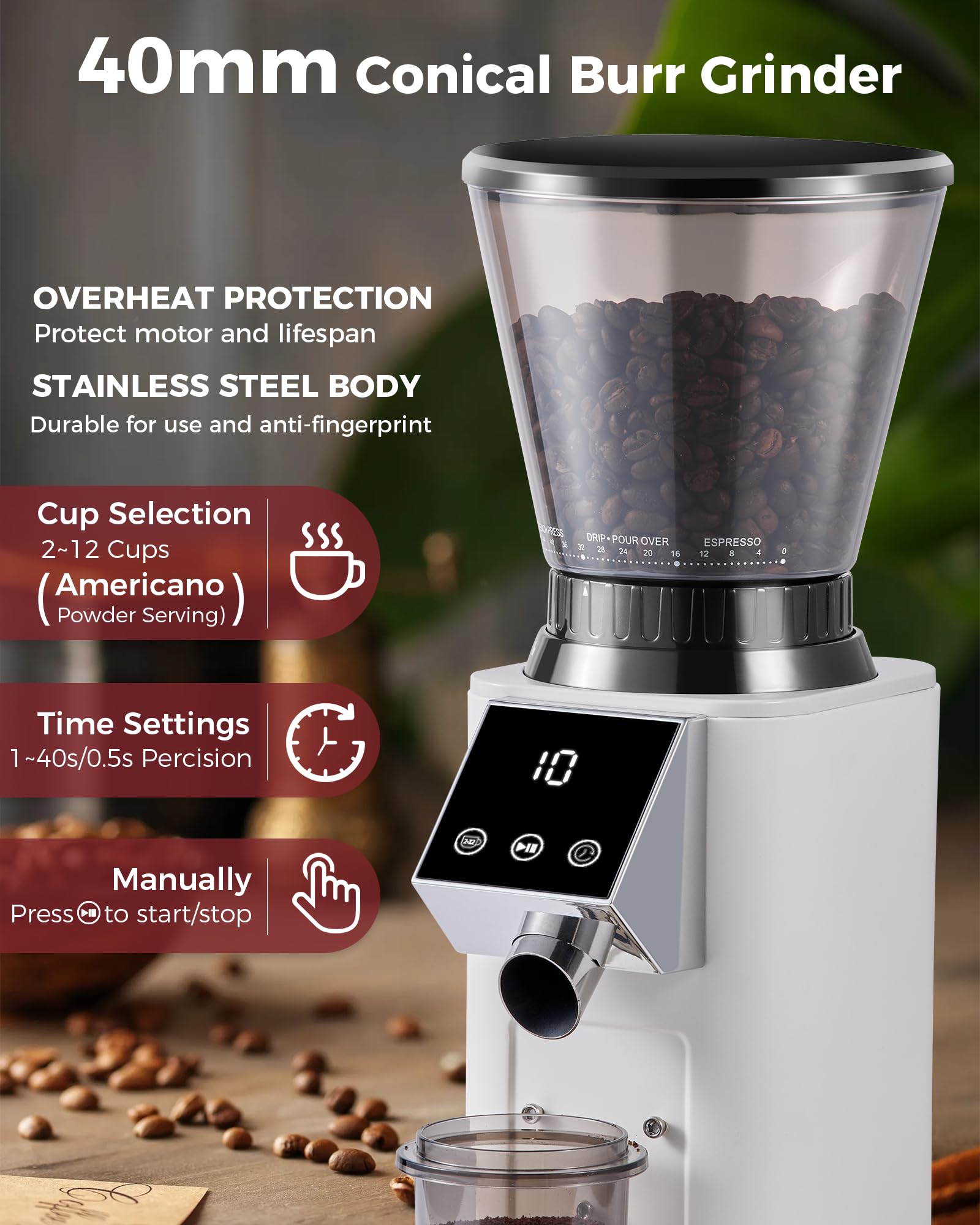 Tuni G1 hopper with 250g bean capacity keeps you ready for multiple brews.