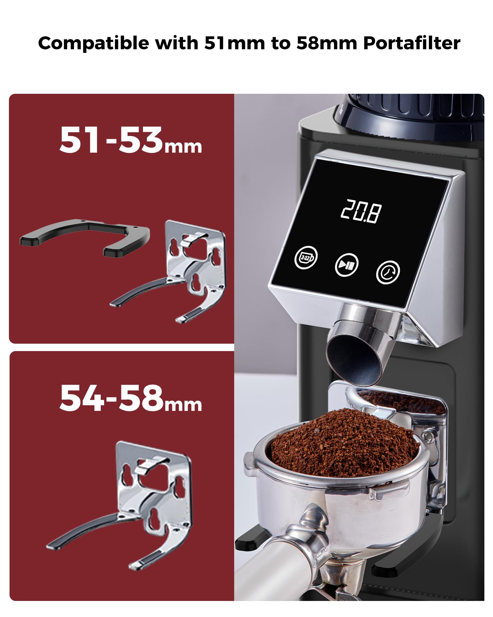 Tuni G1 portafilter holder supports 51–58 mm for direct grinding into portafilter.