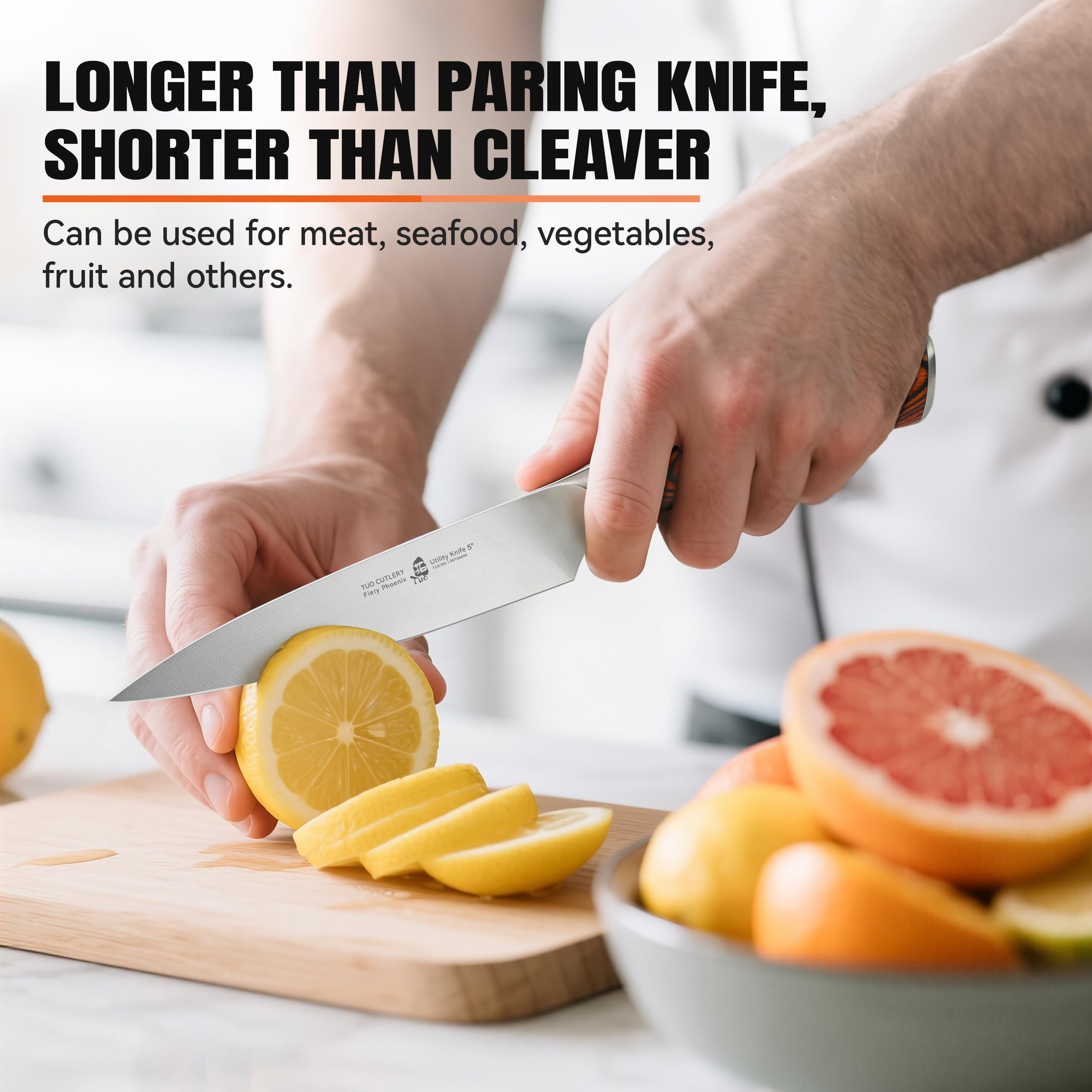 TUO Fiery Phoenix 5in knife with polished bolster for stable pinch grip