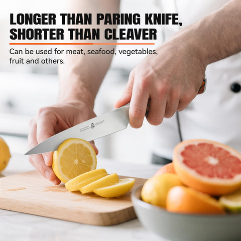 TUO Fiery Phoenix 5in knife with polished bolster for stable pinch grip
