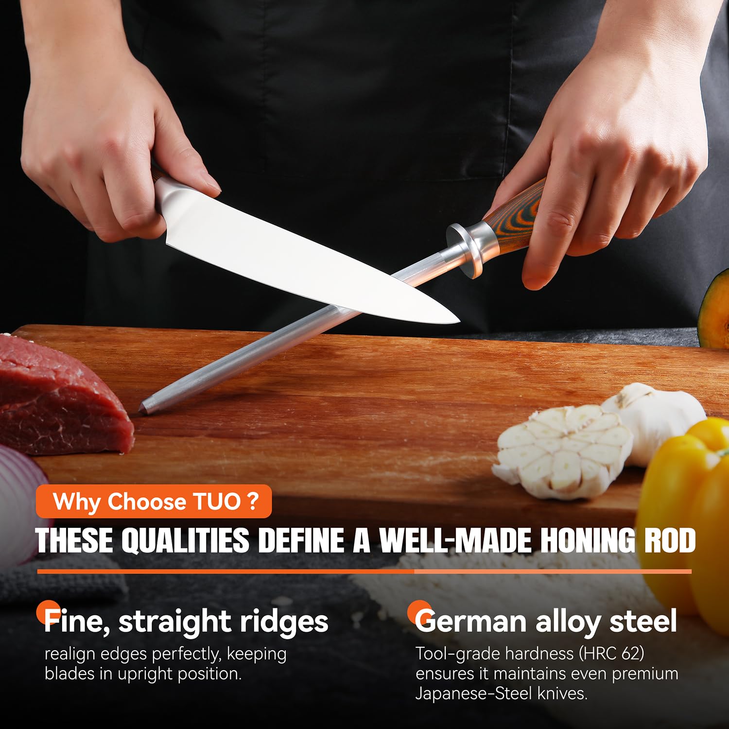 TUO honing rod drawer-friendly 8-inch size fits kitchen storage
