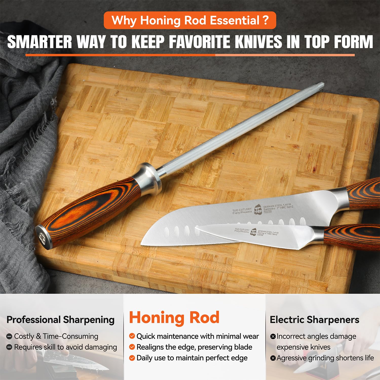 TUO honing rod ergonomic non-slip grip for comfortable use