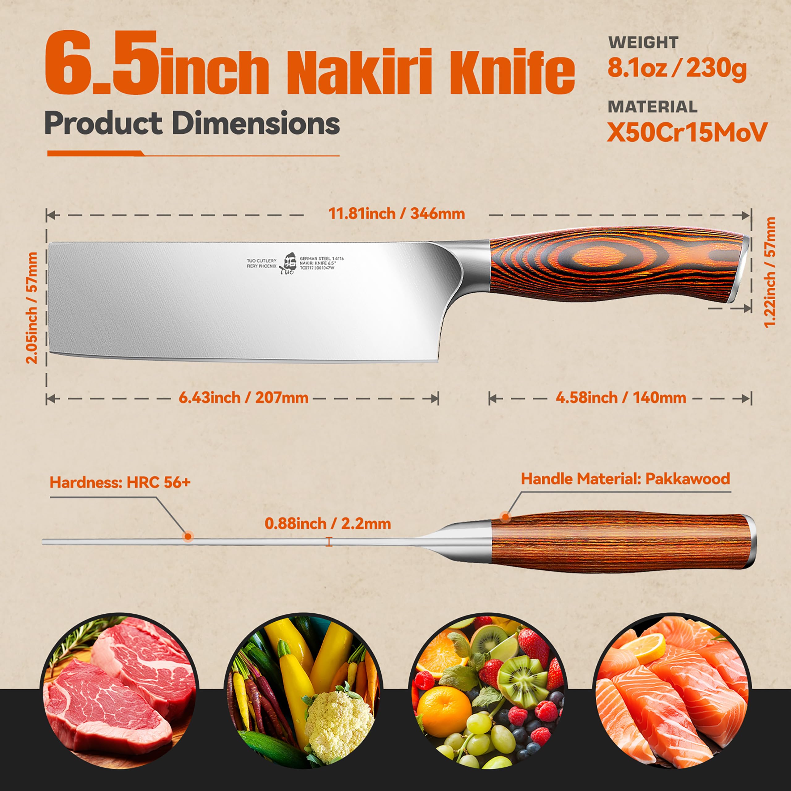 Close view of TUO Nakiri ergonomic grip for comfortable prep