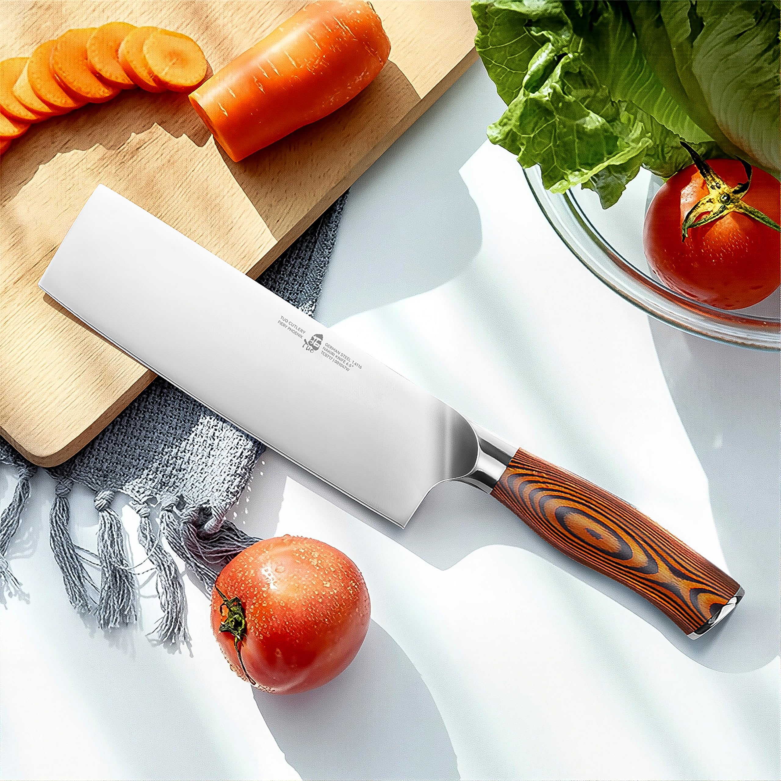 TUO Nakiri pakkawood handle detail showing ergonomic grip