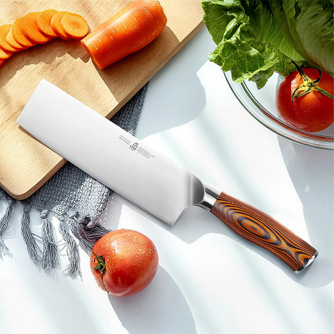 TUO Nakiri pakkawood handle detail showing ergonomic grip