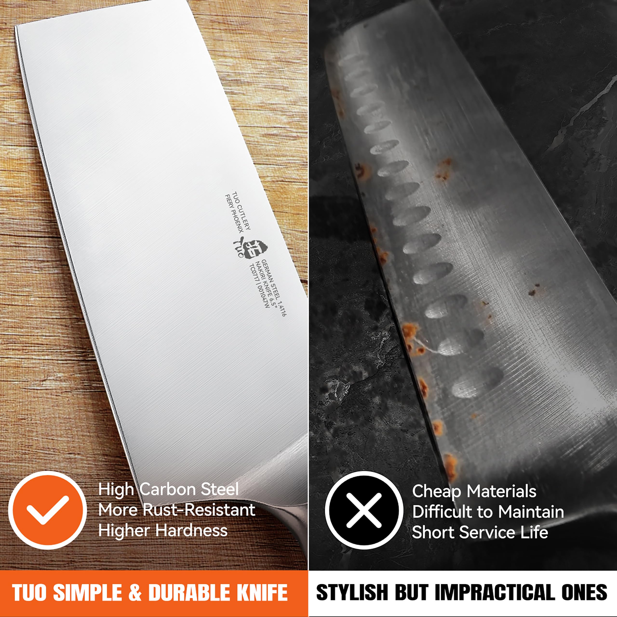 TUO Nakiri stainless steel resists corrosion in busy kitchens