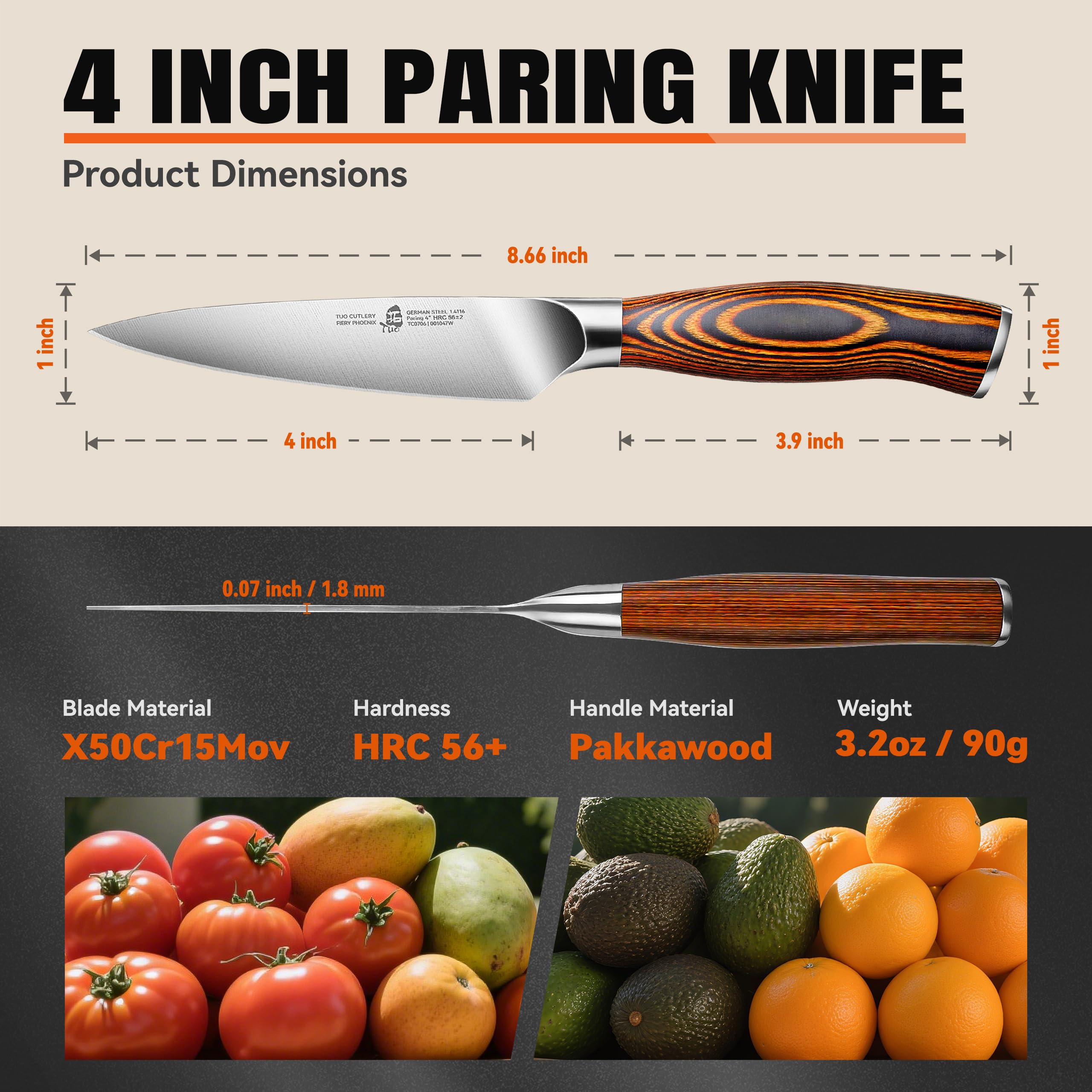TUO 4 inch paring knife pakkawood handle and balanced feel