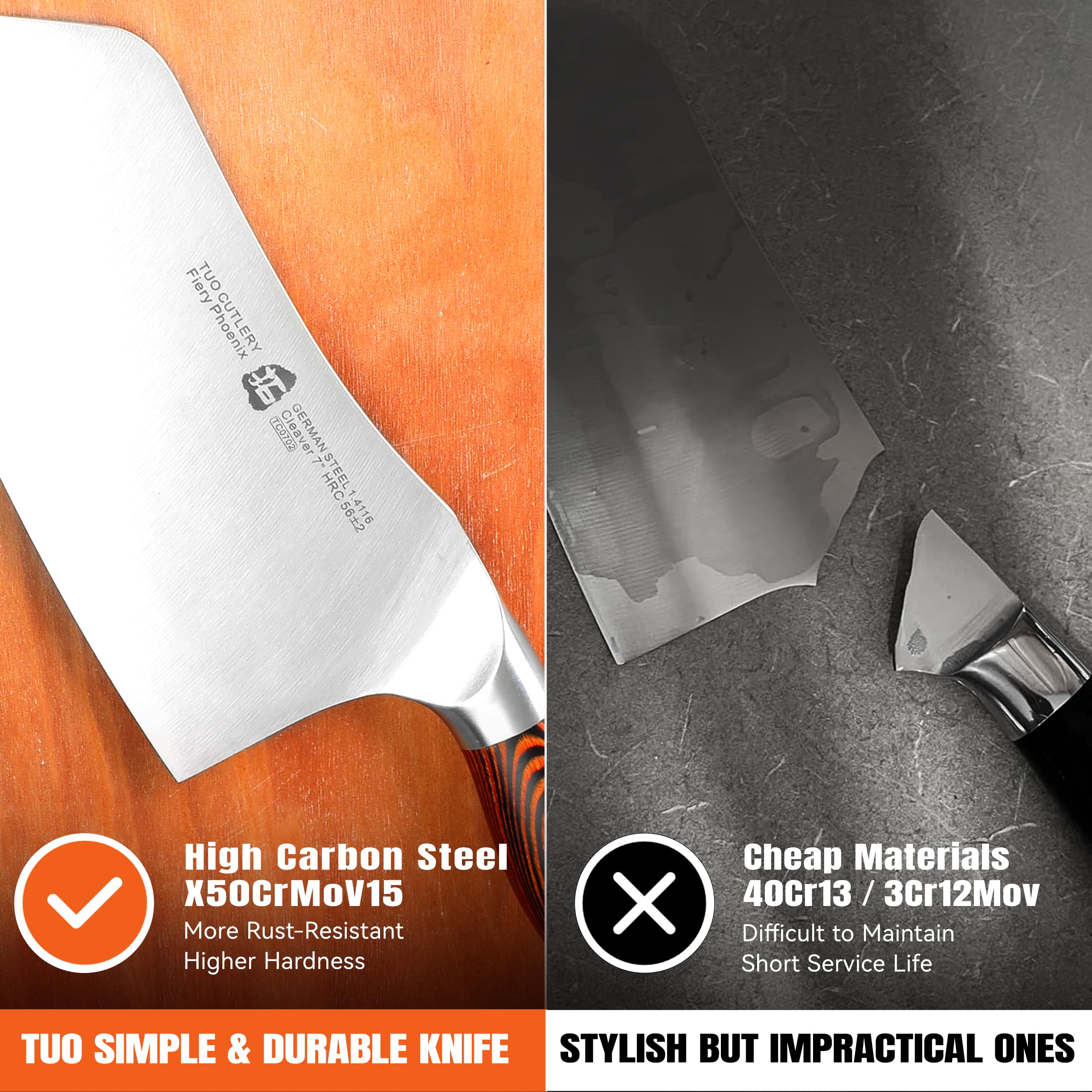 TUO full-tang structure delivers stability during tough chopping tasks.