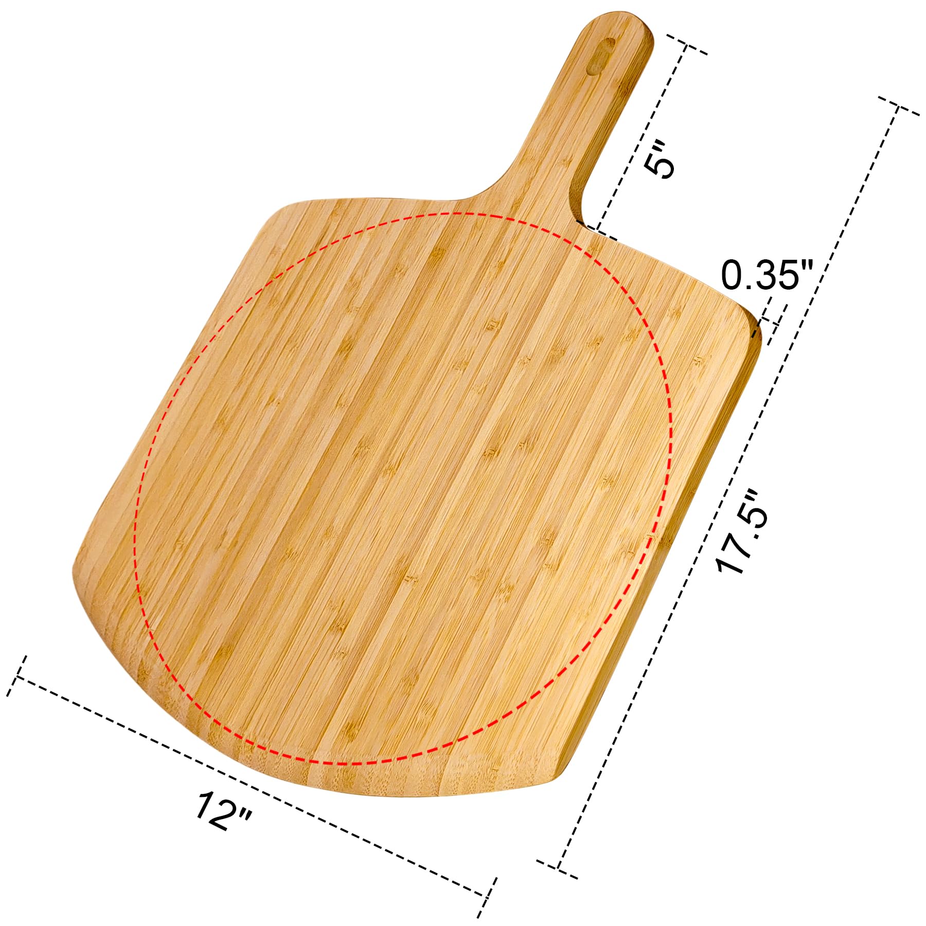 TUOCON bamboo pizza peel handle with hanging hole for storage.
