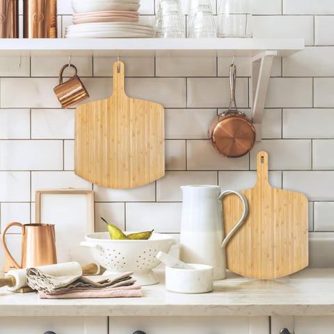 TUOCON bamboo pizza peel wall hanging hole for tidy storage.