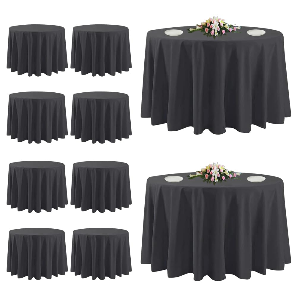 TUOTPE 10-pack black round tablecloths drape a 120-inch table with an elegant look.