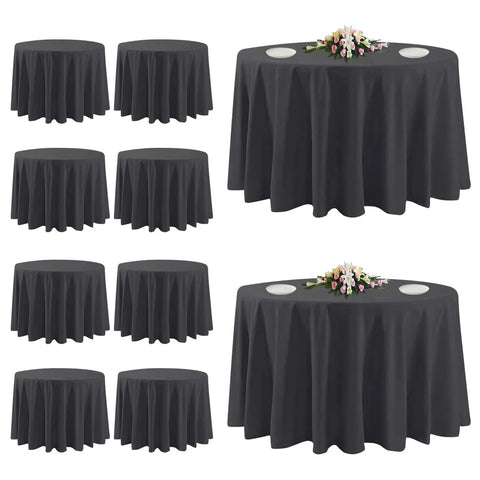 TUOTPE 10-pack black round tablecloths drape a 120-inch table with an elegant look.
