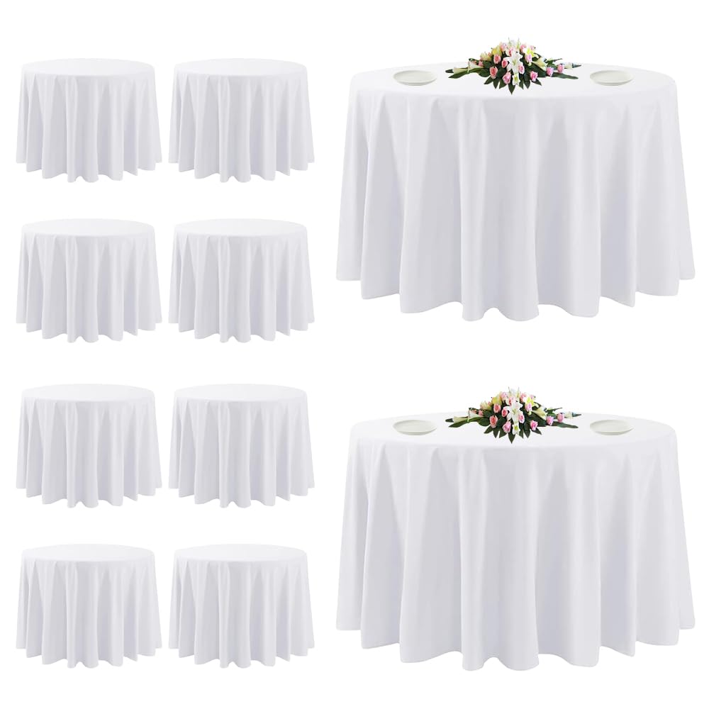 TUOTPE 10-pack white round tablecloth package for easy event prep.