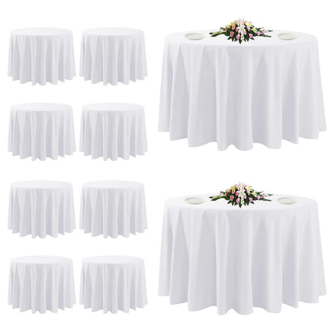 TUOTPE 10-pack white round tablecloth package for easy event prep.