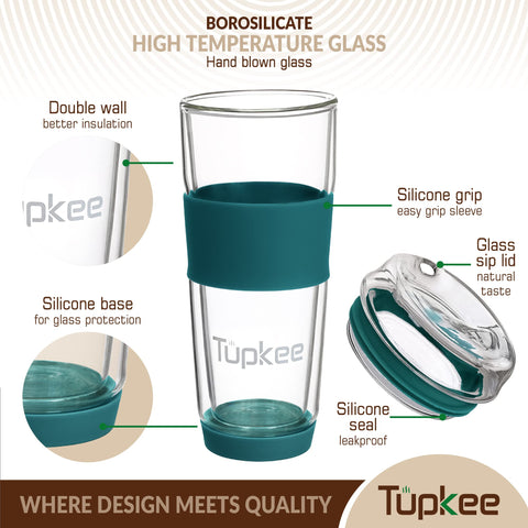 Tupkee glass sip lid close-up emphasizing plastic-free taste and leak-proof design