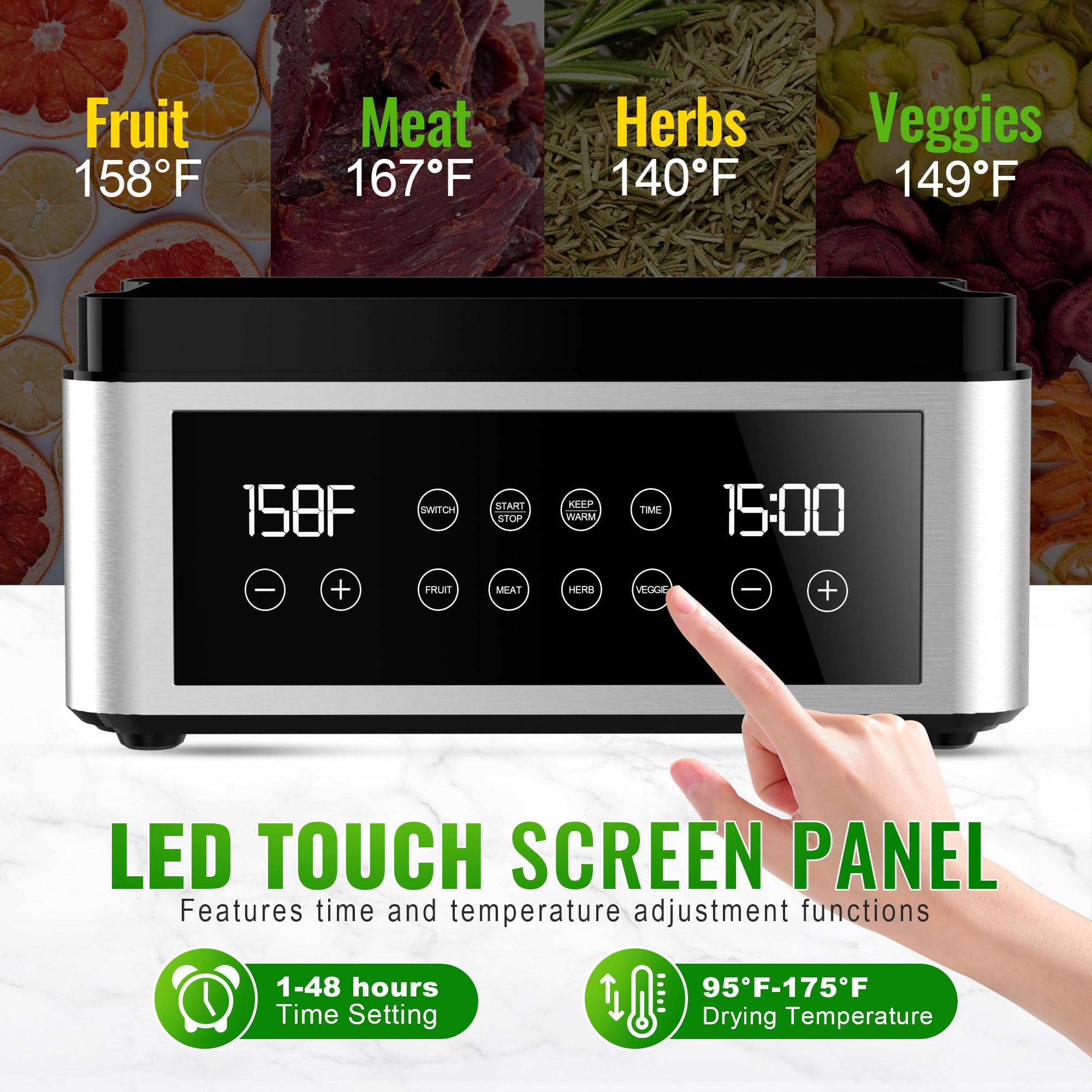 Tupoyi stainless design supports jerky, fruits, herbs, and snacks.