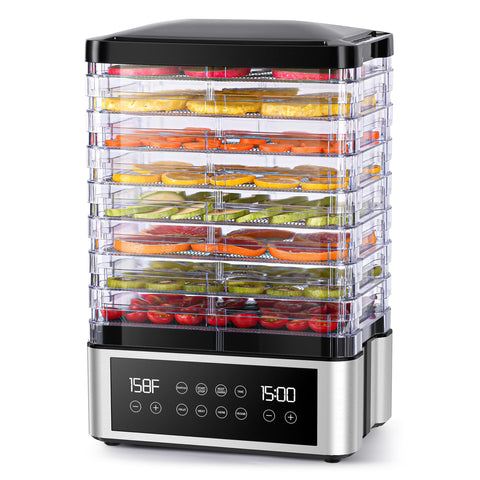 Tupoyi food dehydrator with eight trays enables efficient batch drying of jerky, fruit, and vegetables.