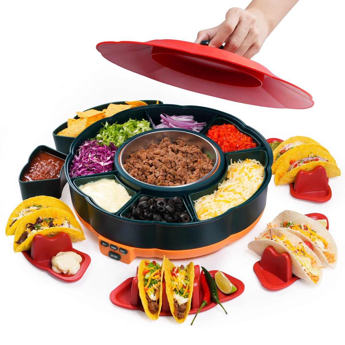 Tupoyi Taco Tuesday Kit with warming pot keeps fillings warm for a cozy party.
