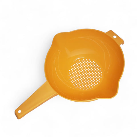 Tupperware 2-quart colander with orange handle for easy draining.