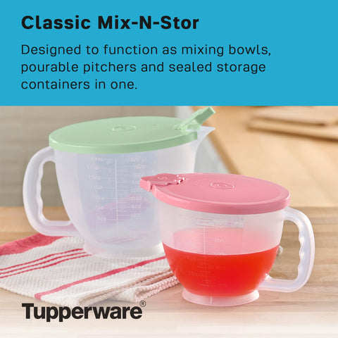 Tupperware Classic Mix-N-Store candy pink pitcher front view highlighting compact design.