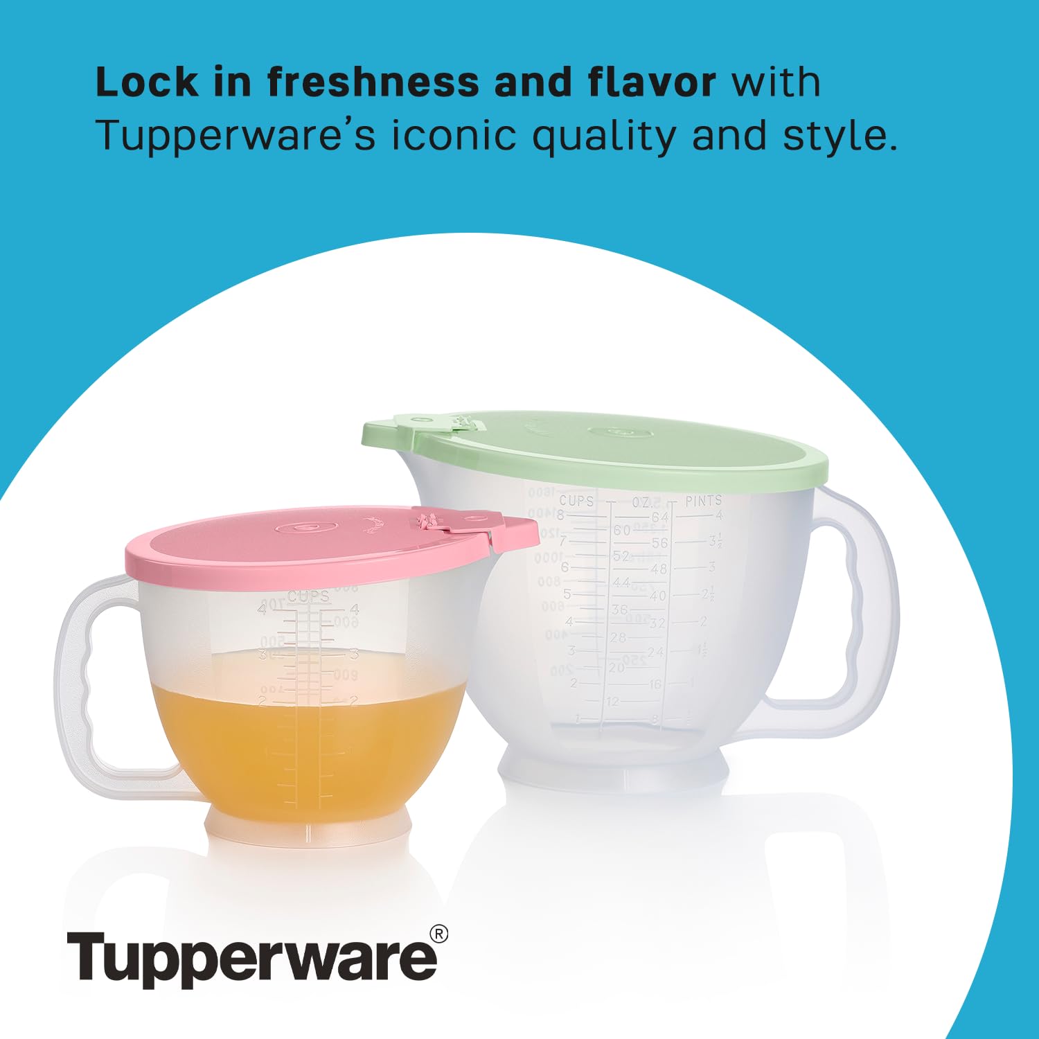 Tupperware Classic Mix-N-Store two-pitchers on counter ready for prep and storage.