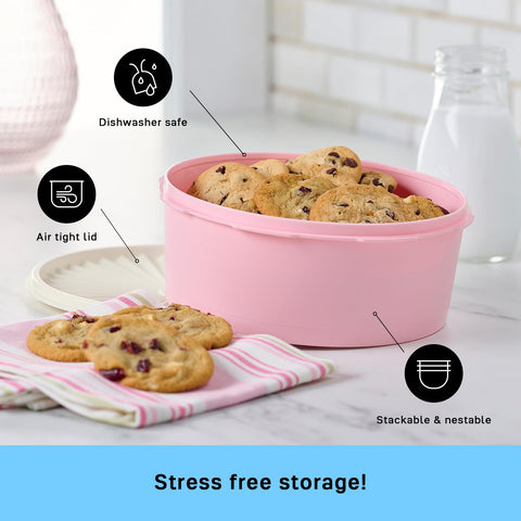 Tupperware Heritage cookie canister close-up shows BPA-free material and durable build