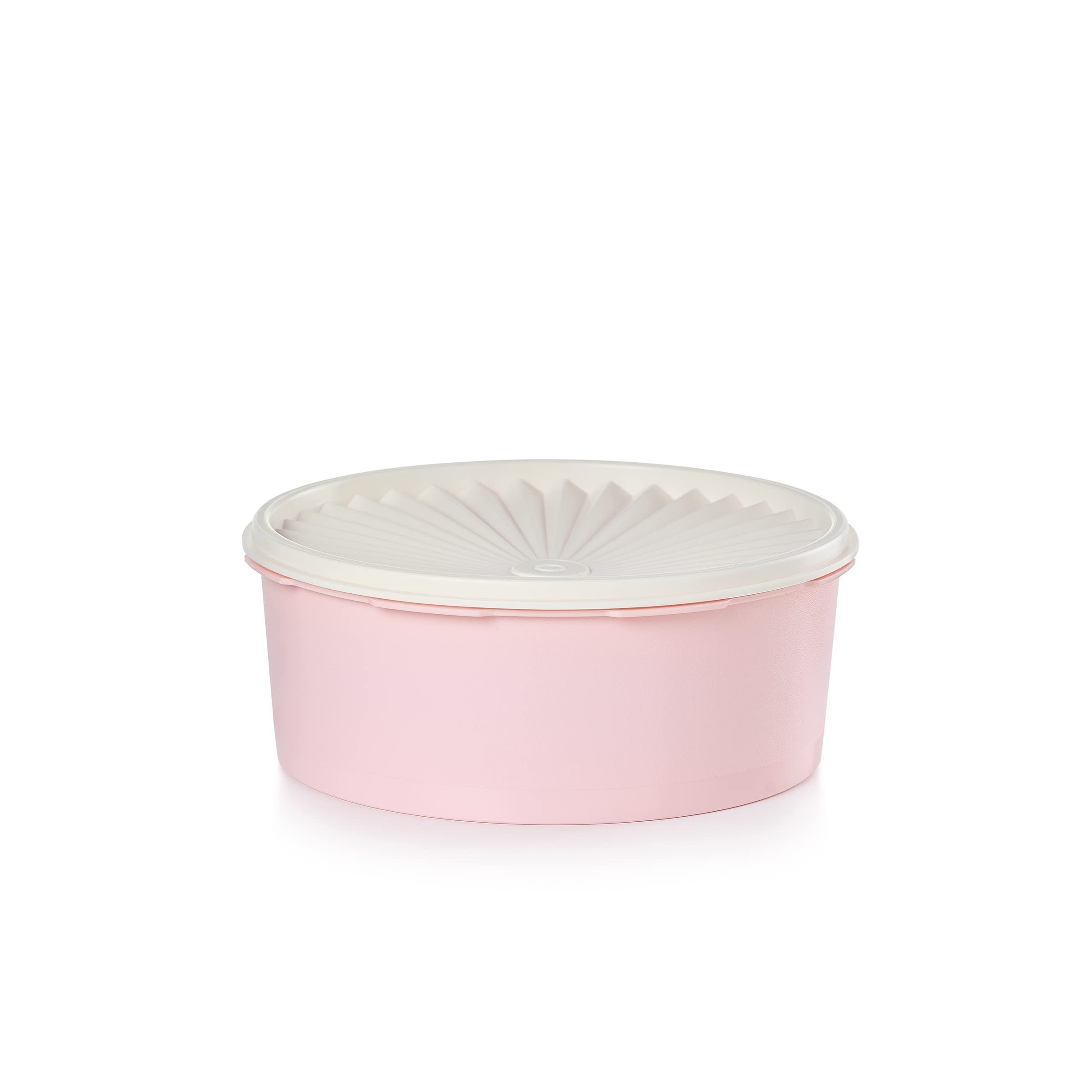 Tupperware Heritage cookie canister in vintage pink with airtight seal for freshness.