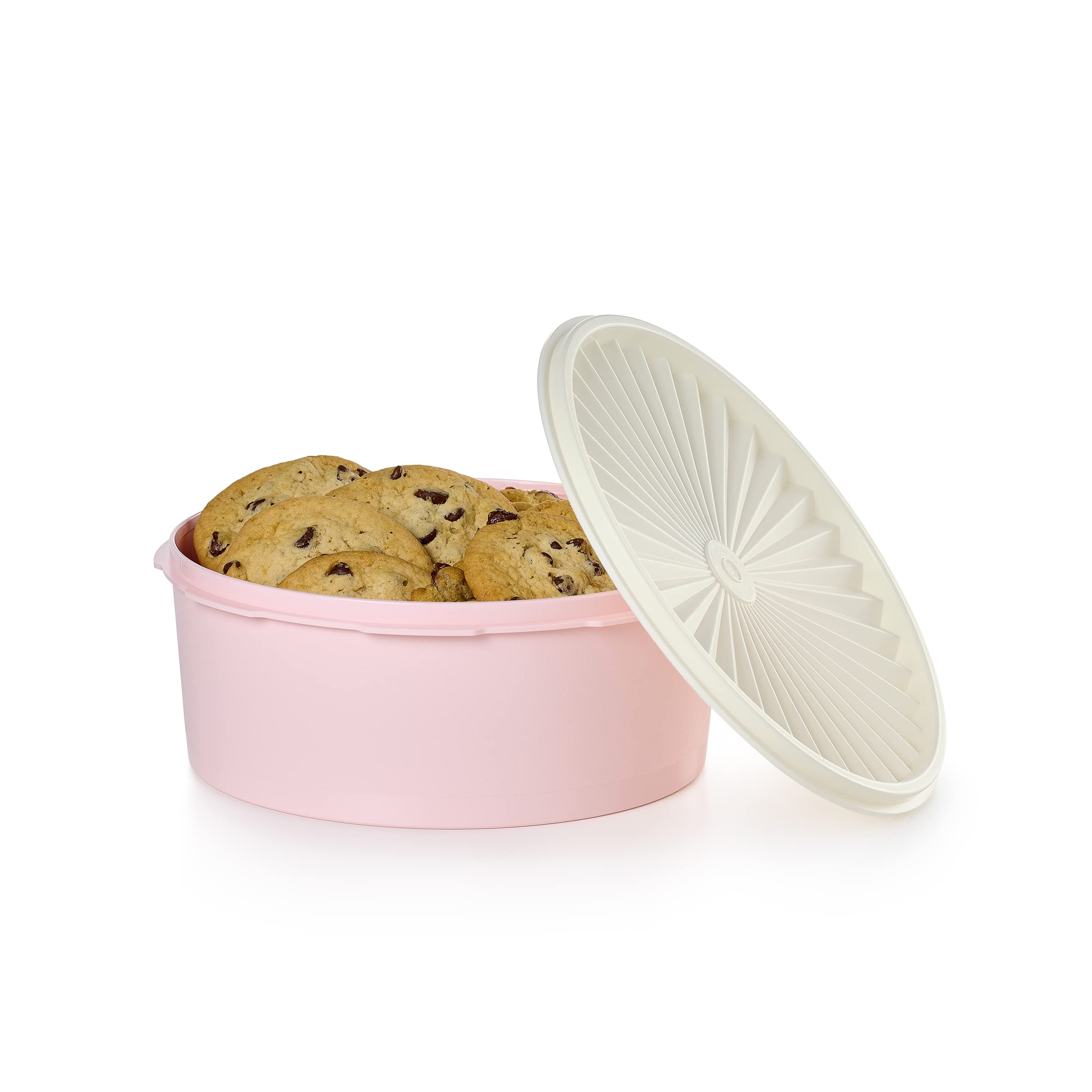 Tupperware Heritage canister on countertop display with retro charm.