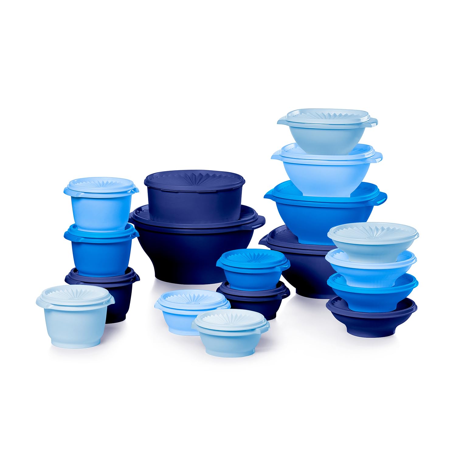 Tupperware Heritage Collection full set shown for organized leftovers in a vintage blue finish.
