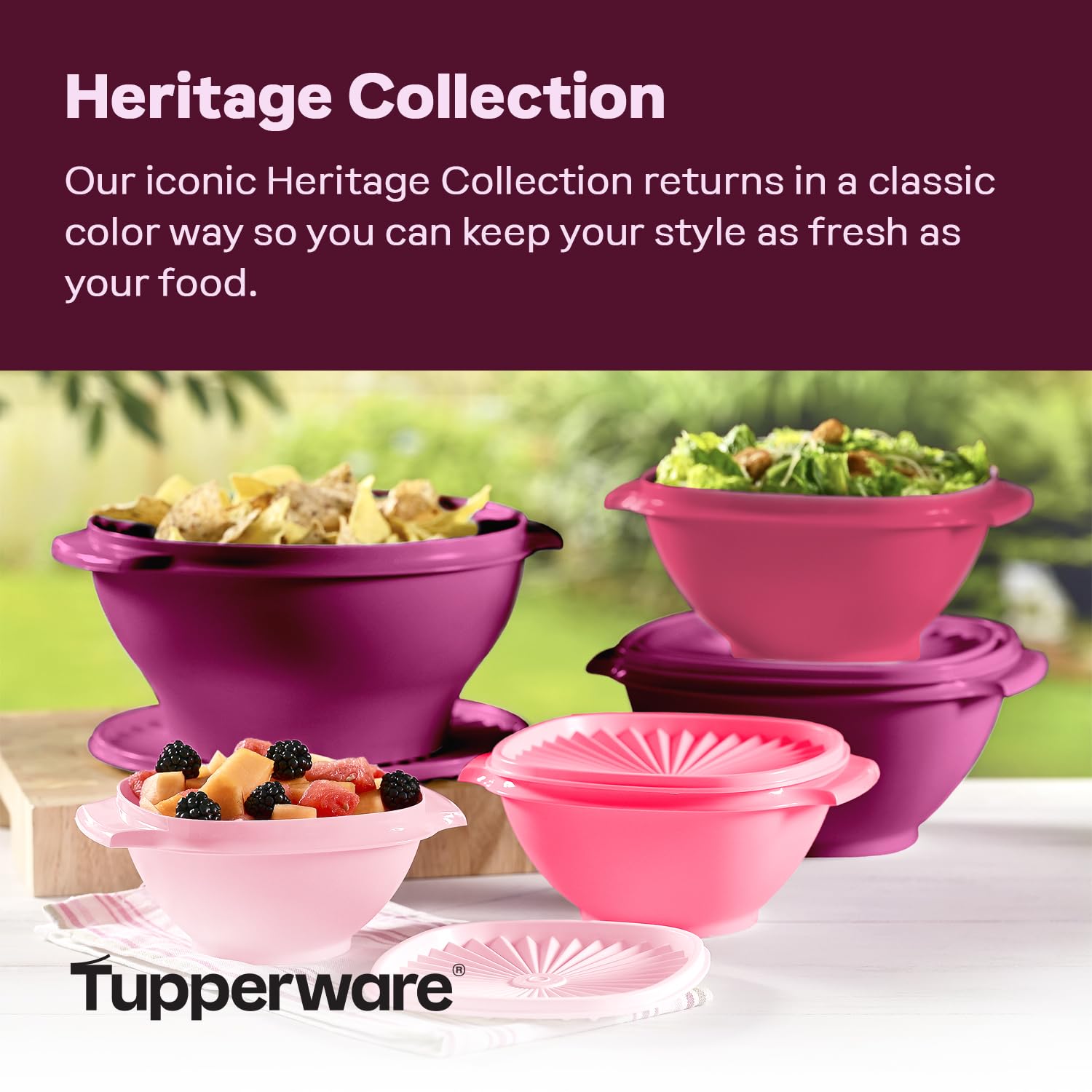 Tupperware Heritage lids featuring sunburst design and secure sealing for leftovers.