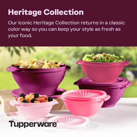 Tupperware Heritage lids featuring sunburst design and secure sealing for leftovers.