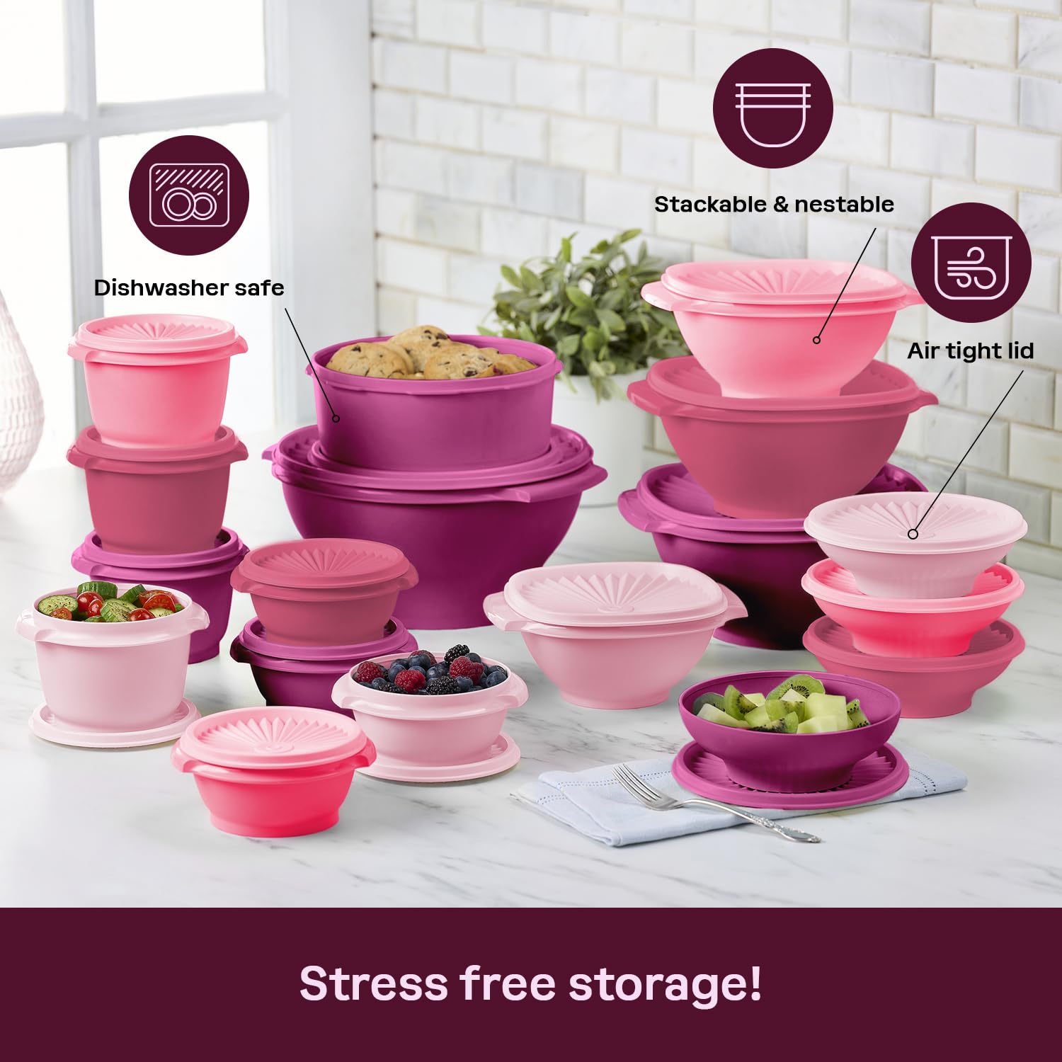 Tupperware Heritage pink nesting containers save space when not in use.